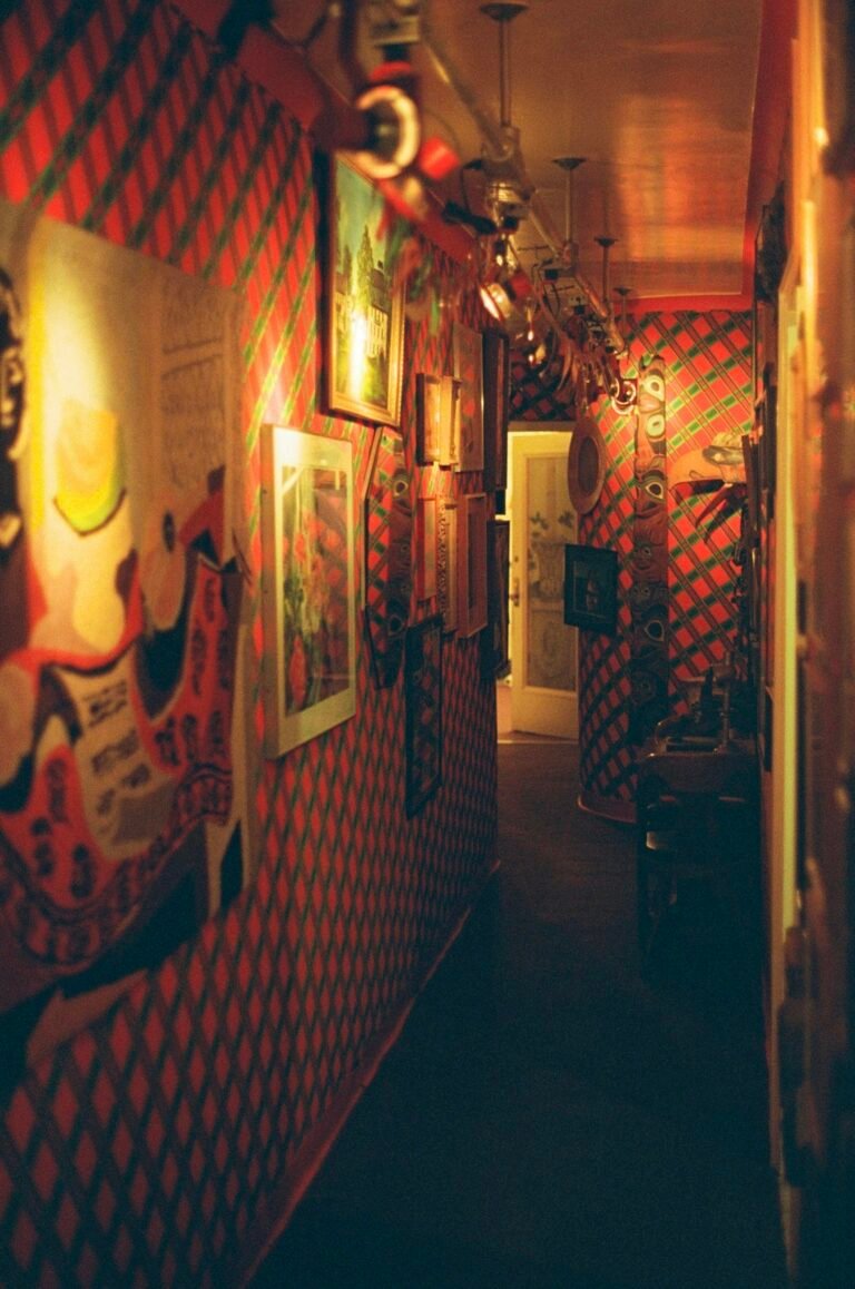A narrow hallway wallpapered in a red and green diamond trellis pattern, lined with framed prints and posters under a row of hanging ceiling lights